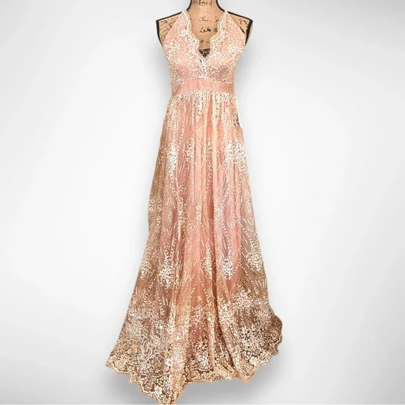 lavish alice gold dress Mac Duggal 68465 - Long Sequined Mesh Overlay A-Line Dress main image 1